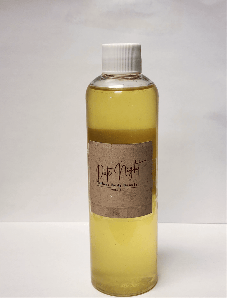 Date Night Body Oil bottle, 8oz, infused with vitamin E and sweet almond oil for soft, hydrated skin.