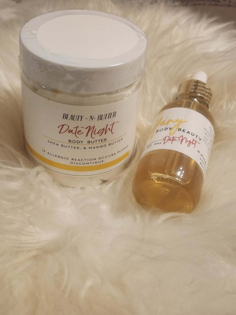 Date Night Duo: luxurious body butter and body oil for a romantic experience with silky smooth skin.